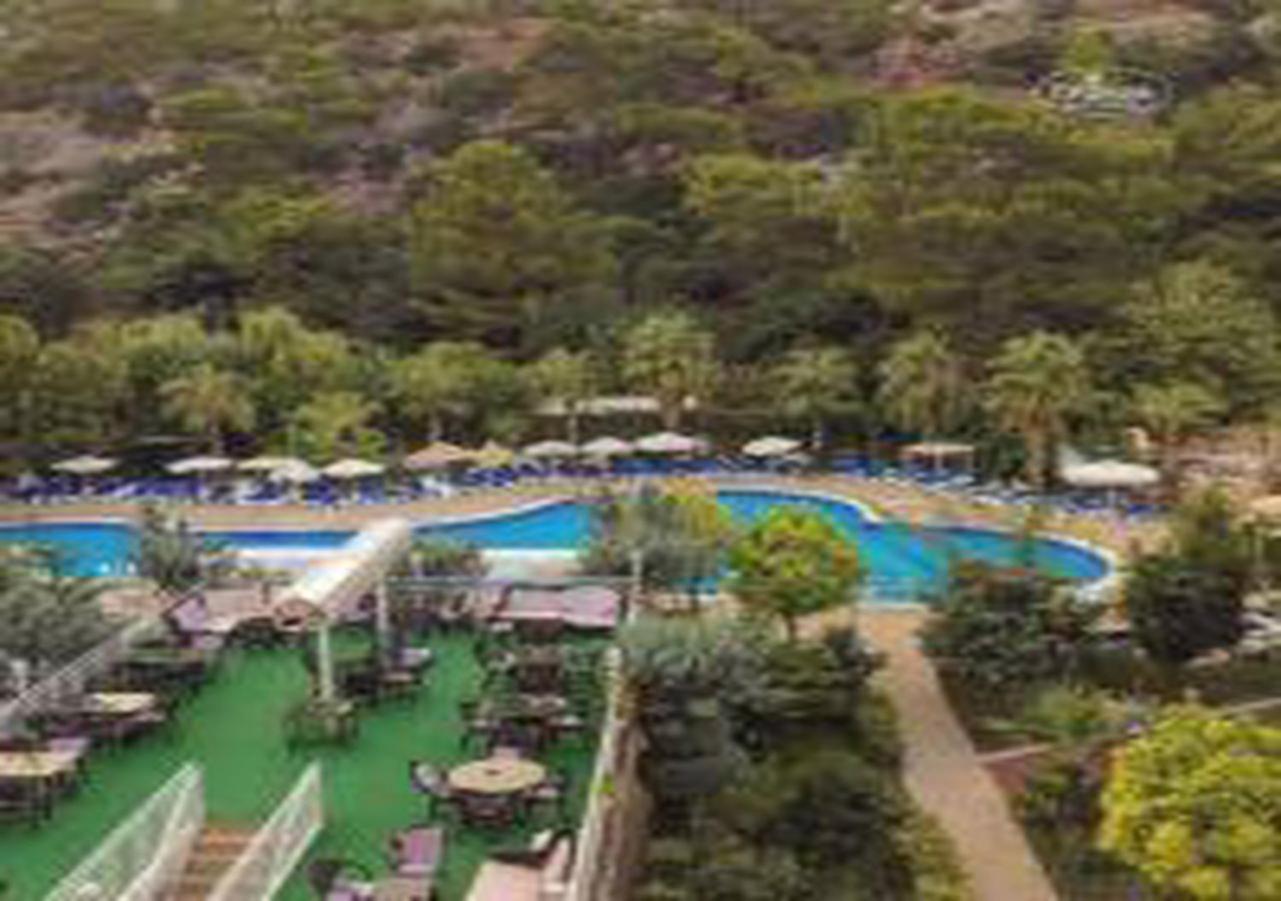 Miramor Hotel & Spa أنطاليا المظهر الخارجي الصورة The photo shows a scenic view of a resort area featuring a large swimming pool surrounded by lush greenery and trees. Sun loungers are arranged around the pool, and there are tables visible in a dining area. The pool has a curved shape and is complem